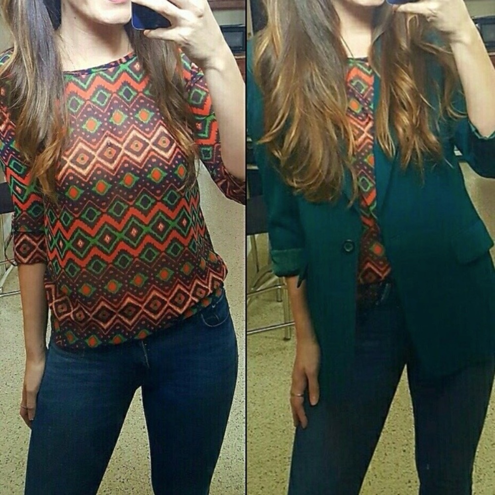 Bright Geometric Brass Button Accent Blouse NWOT